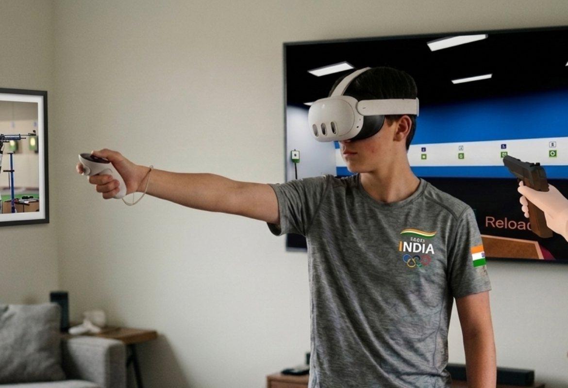 Shooter wearing a VR headset during a PreciShot training session